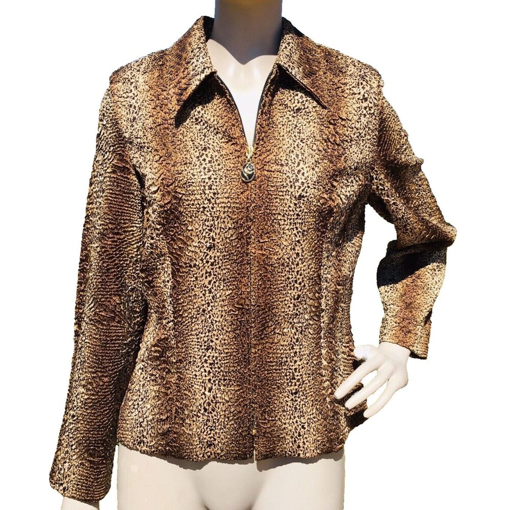 Vintage 90s Joseph Ribkoff Crinkle Cheetah Leopard Print Zip-Up Jacket Size 10